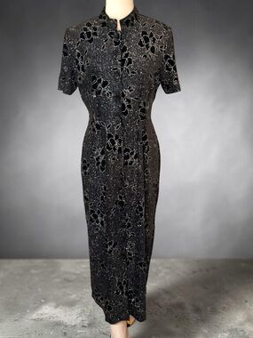 Vintage Another Thyme 1990’s Black Full Length Dress Metallic Floral Design 10
